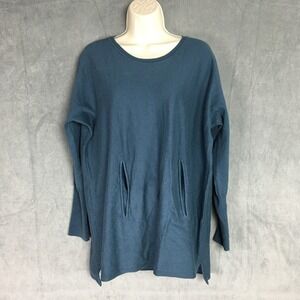 Garnet Hill Women M Organic Cotton Tunic Sweater Teal Blue Pockets Oversize fit